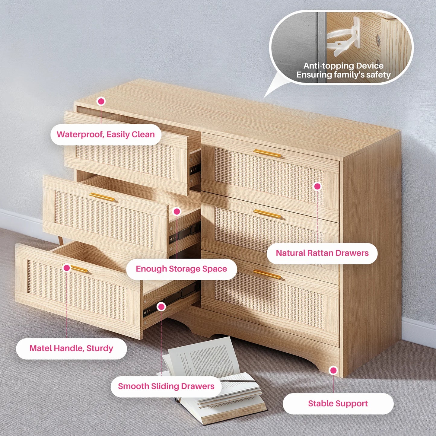 47.24" Rattan Dresser, 6 Drawers, Golden Handles