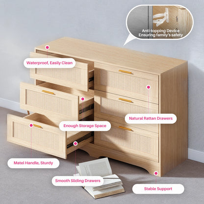 47.24" Rattan Dresser, 6 Drawers, Golden Handles