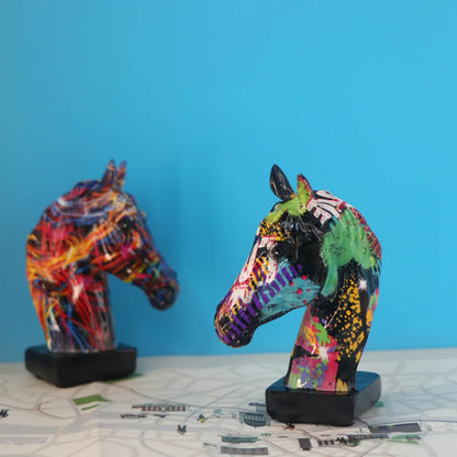 Colorful Horse Head Statue, Resin, Collectible Ornament, Graffiti Art