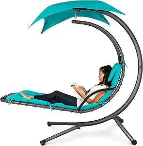 Outdoor Hanging Curved Steel Lounge Chair, Swing, Built-in Pillow, Removable Canopy, 14 Colors