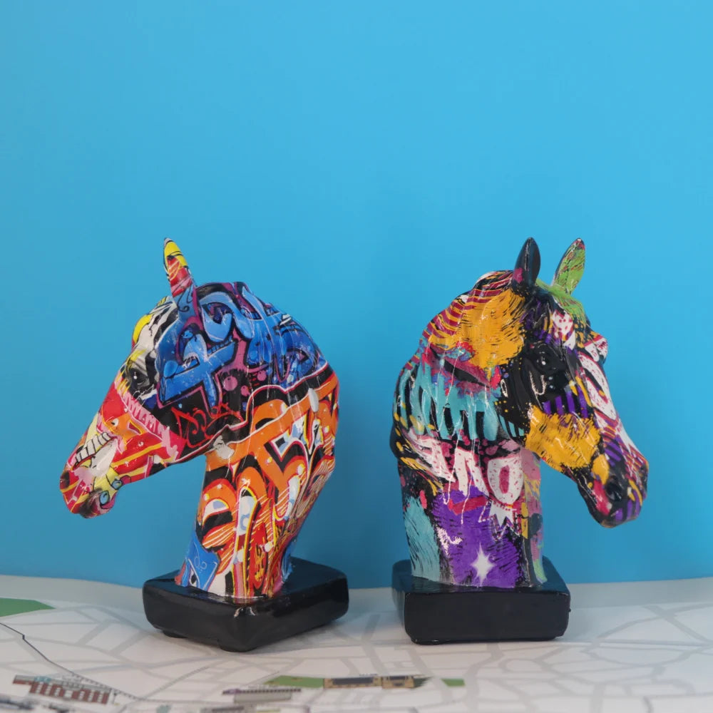 Colorful Horse Head Statue, Resin, Collectible Ornament, Graffiti Art