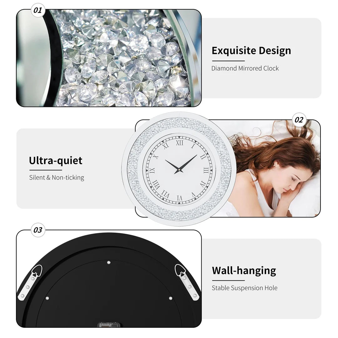 3D Wall Clock, Large Diamond Crystal, Roman Numerals
