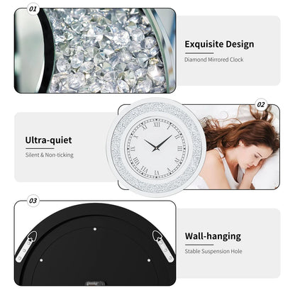 3D Wall Clock, Large Diamond Crystal, Roman Numerals