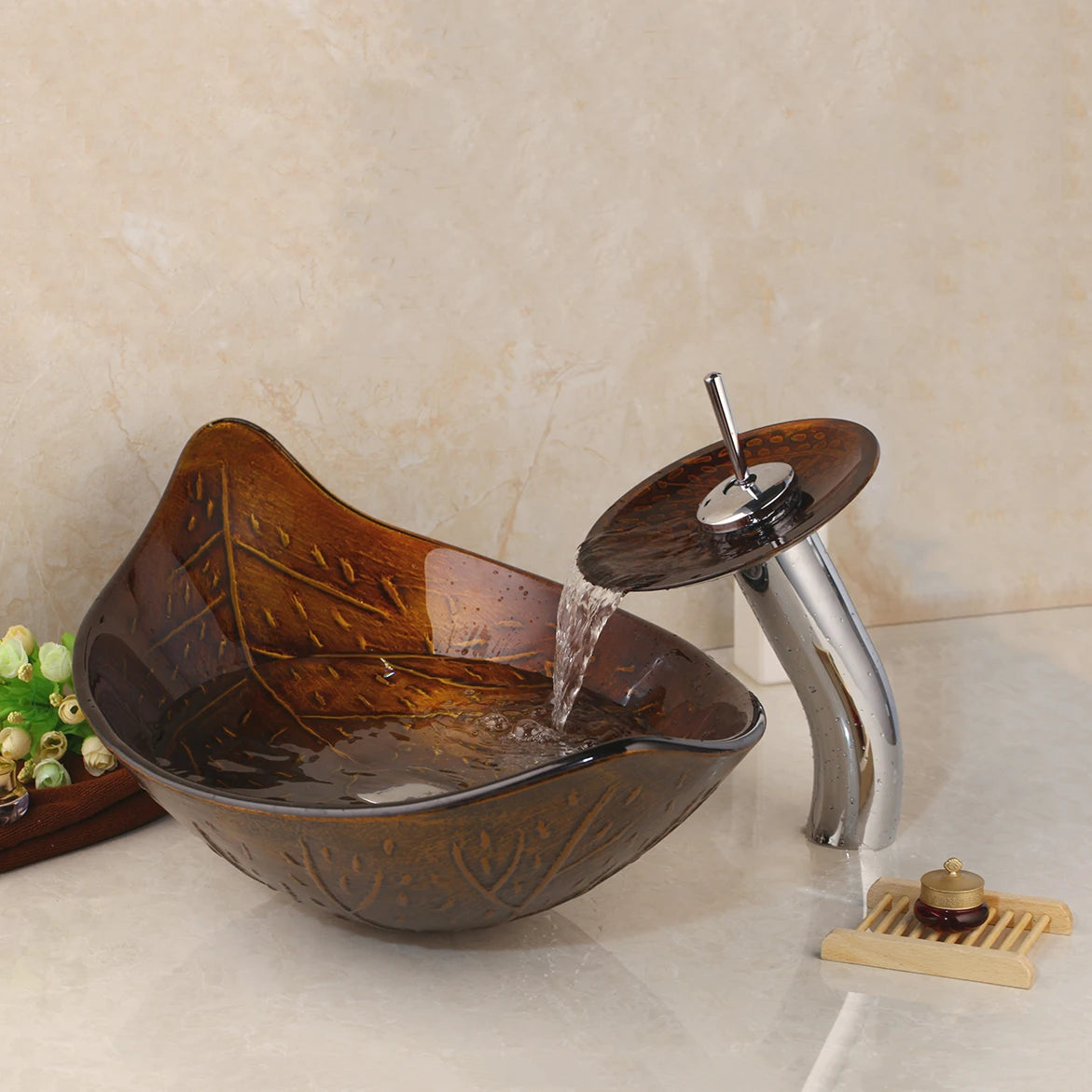 Oval Sink, Waterfall Faucet, Tempered Glass, Above Counter