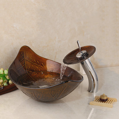 Oval Sink, Waterfall Faucet, Tempered Glass, Above Counter