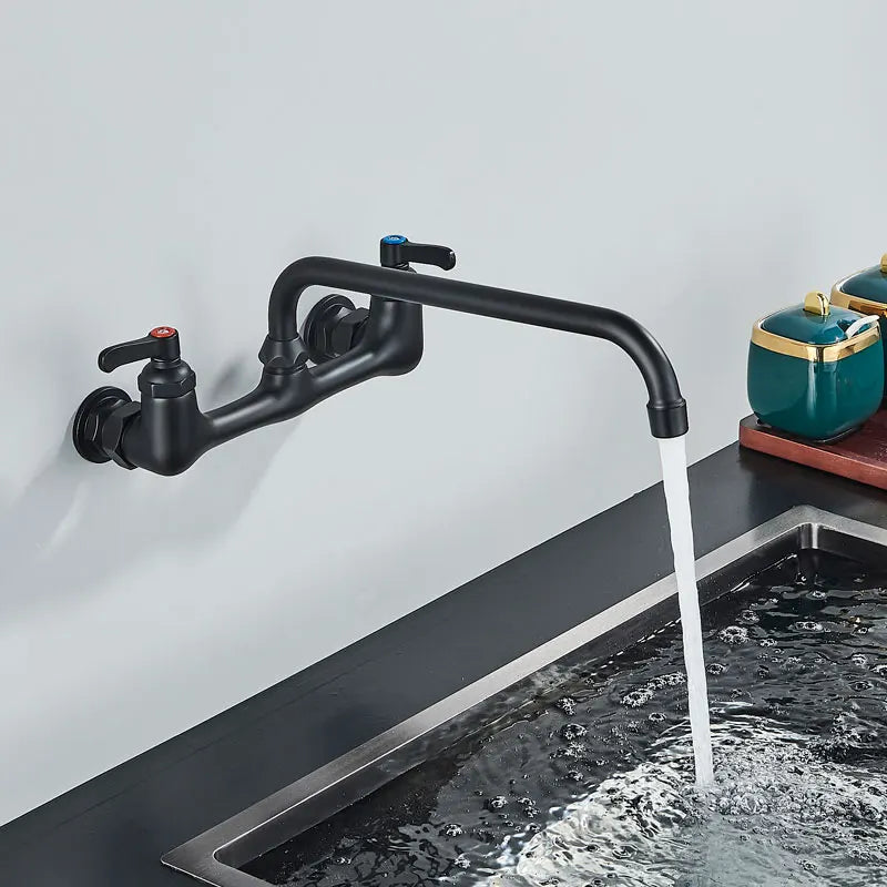 Long Spout Kitchen Sink Faucet, Wall Mounted, Dual Handle