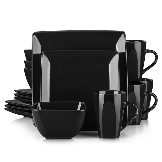 16/32/48 Piece Black Porcelain Square Dinnerware