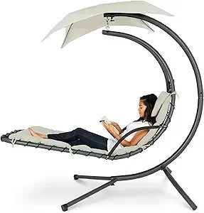 Outdoor Hanging Curved Steel Lounge Chair, Swing, Built-in Pillow, Removable Canopy, 14 Colors