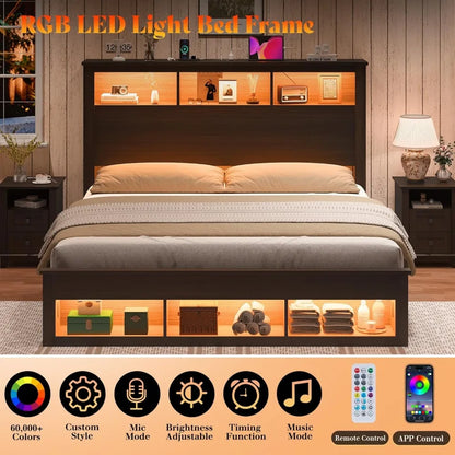 Queen Size Bed, Bookcase Storage Headboard & Footboard, LED Platform Bed Frame, Charging Station