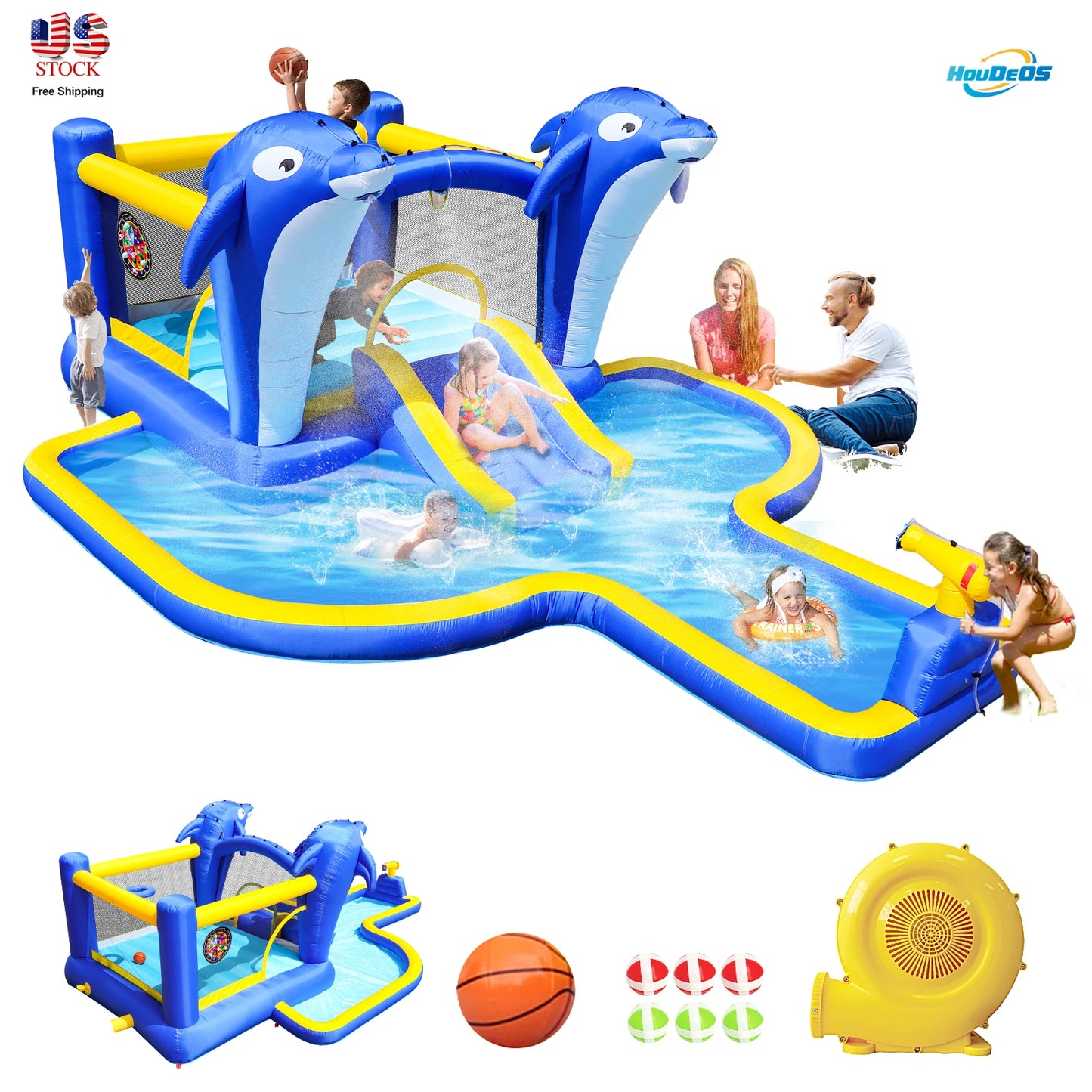 Inflatable Water Park, Trampoline, Slide, Outdoor, Sprinkler, Target Games, Water Gun, Blower