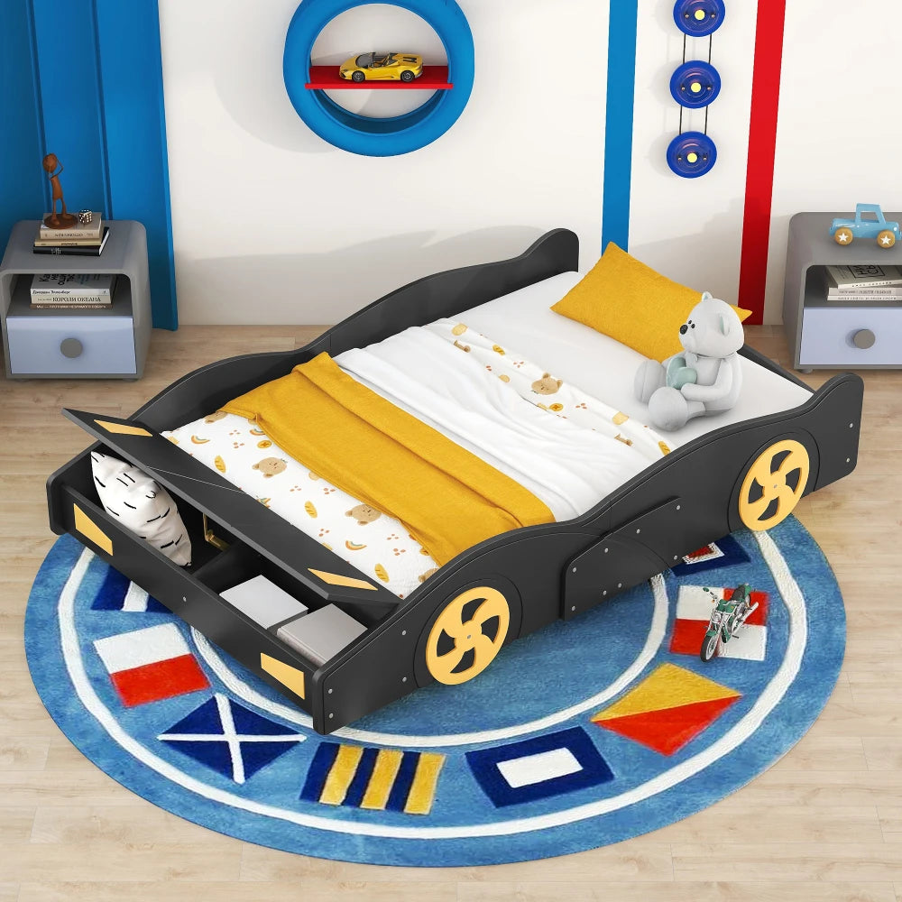 Race Car-Shaped Platform Bed, Full Size, Wheels and Storage