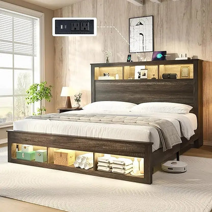 Queen Size Bed, Bookcase Storage Headboard & Footboard, LED Platform Bed Frame, Charging Station
