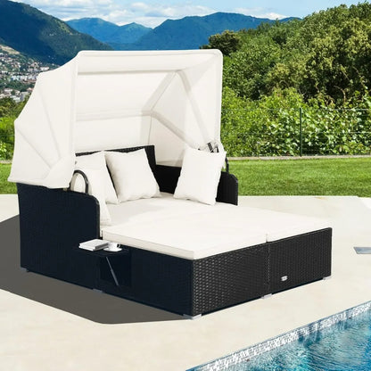 Patio Rattan Daybed, Wicker, Lounger, Retractable Canopy