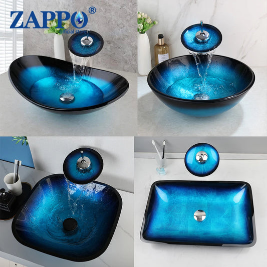 Oval Blue Tempered Glass Sink, Waterfall Black Faucet Tap, Above Counter Basin