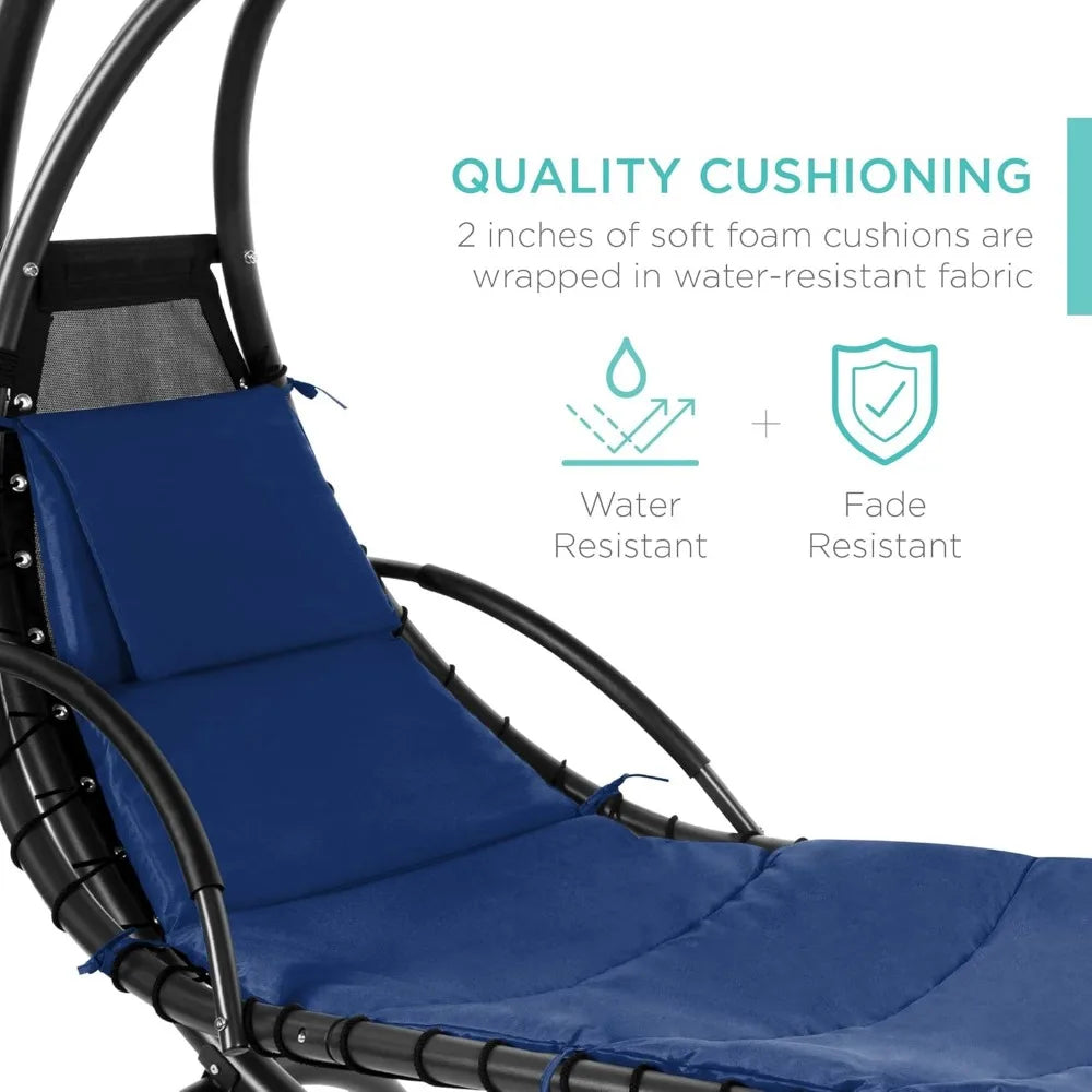 Outdoor Hanging Curved Steel Lounge Chair, Swing, Built-in Pillow, Removable Canopy, 14 Colors