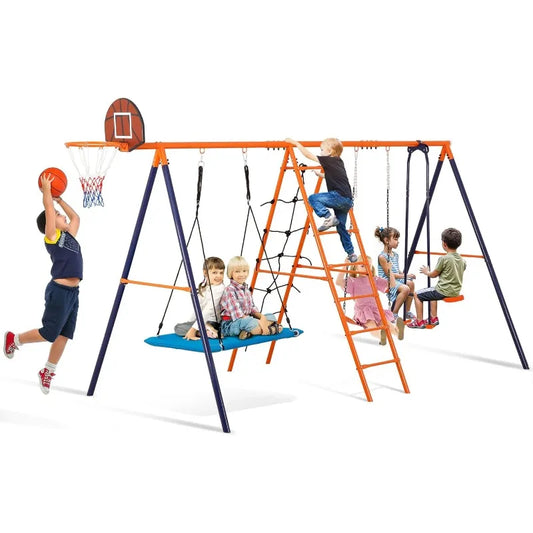 Metal Swing Set, Climbing Ladder, Trapeze Bar, Basketball Hoop plus More