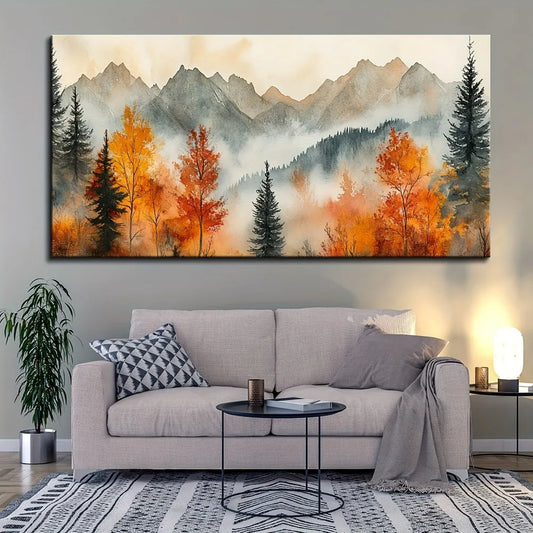 Vintage Watercolor Mountain Landscape Canvas Painting, Solid Pine Wood Frame