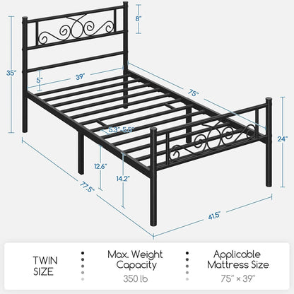 Twin Bed Frame, Metal Platform Bed, Headboard, Footboard, No Box Spring Needed