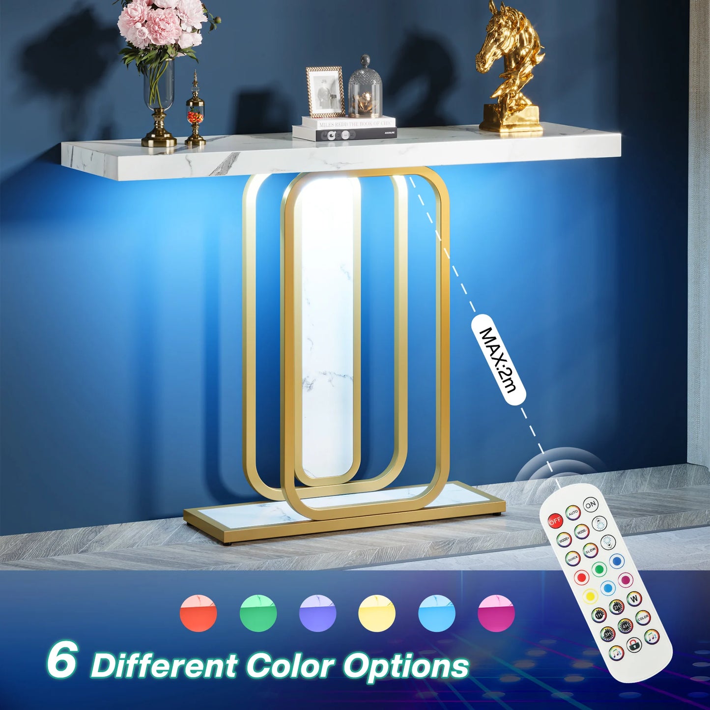 Gold White Entryway Table, LED Lights, Faux Marble, Veneer