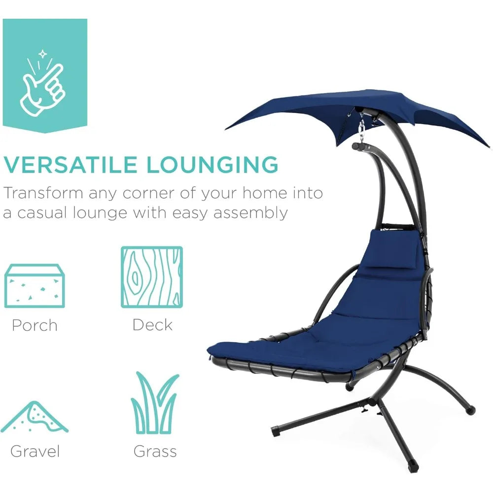 Outdoor Hanging Curved Steel Lounge Chair, Swing, Built-in Pillow, Removable Canopy, 14 Colors