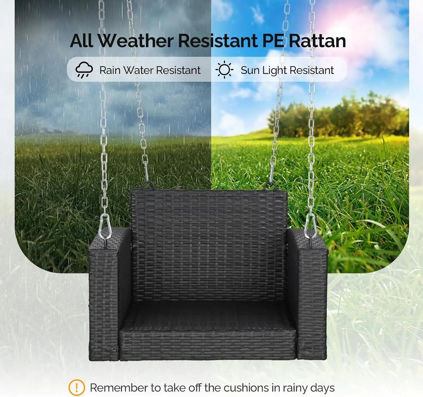 1-Person Rattan Porch Swing, Cushions, Adjustable Chains, Wicker Swing