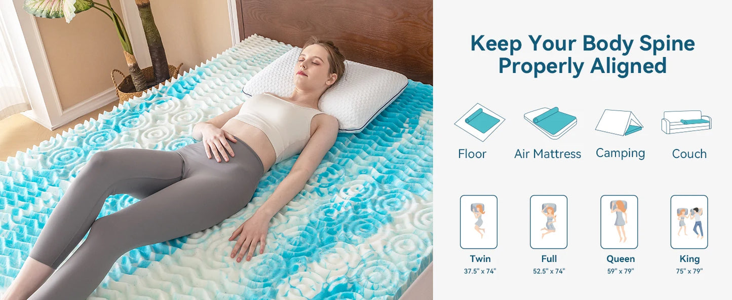 Mattress Topper, 5-Zone Memory Foam, Cooling Gel, Pressure Relieve, Queen / Full