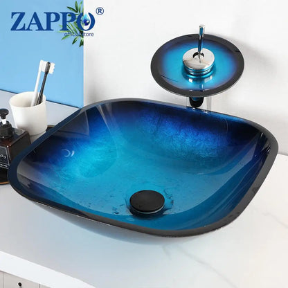 Oval Blue Tempered Glass Sink, Waterfall Black Faucet Tap, Above Counter Basin