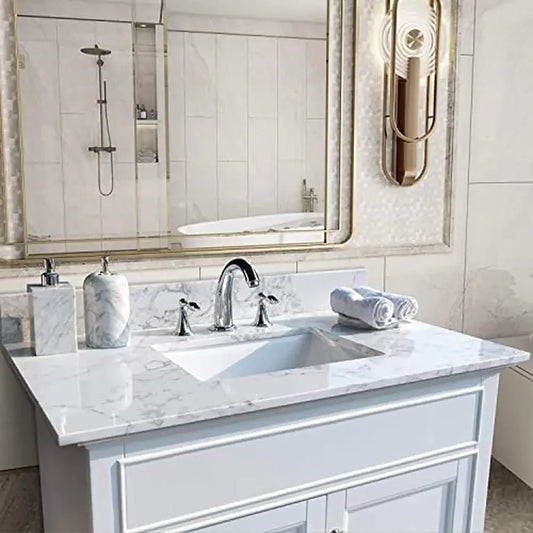 Rectangle Marble Vanity Top, 37" Sink, White Carrara Stone, Backsplash