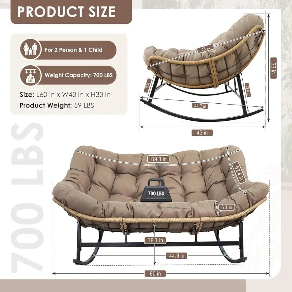 Double Rocking Loveseat, Indoor, Outdoor, Cushion, 700lbs Capacity, Ergonomic, Comfortable