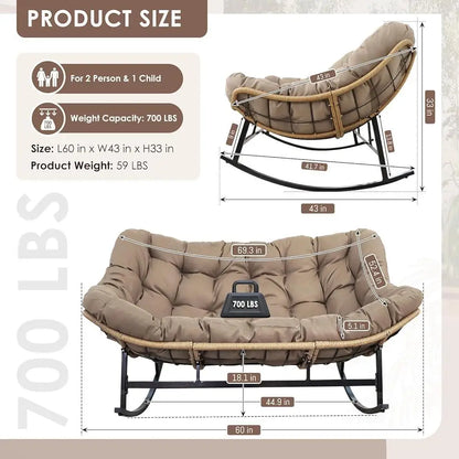 Double Rocking Loveseat, Indoor, Outdoor, Cushion, 700lbs Capacity, Ergonomic, Comfortable