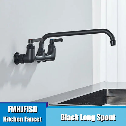 Long Spout Kitchen Sink Faucet, Wall Mounted, Dual Handle