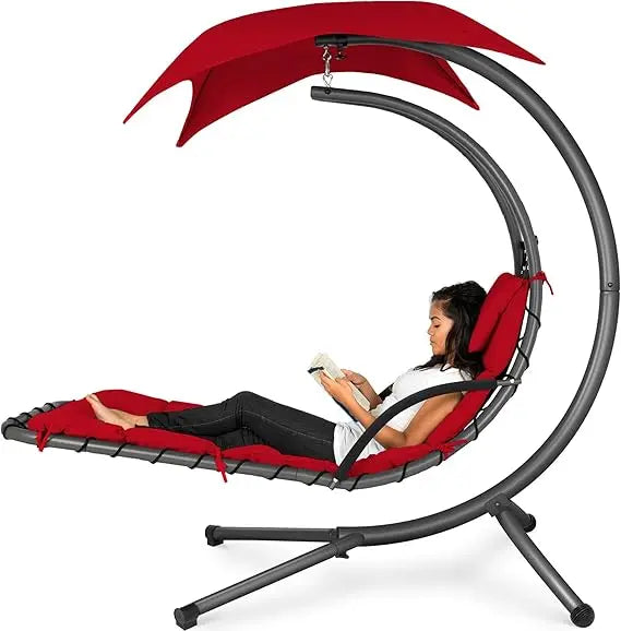 Outdoor Hanging Curved Steel Lounge Chair, Swing, Built-in Pillow, Removable Canopy, 14 Colors