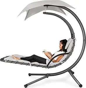 Outdoor Hanging Curved Steel Lounge Chair, Swing, Built-in Pillow, Removable Canopy, 14 Colors