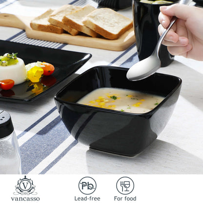 16/32/48 Piece Black Porcelain Square Dinnerware