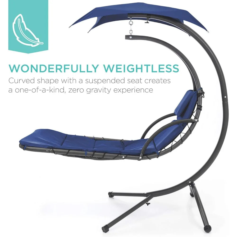Outdoor Hanging Curved Steel Lounge Chair, Swing, Built-in Pillow, Removable Canopy, 14 Colors