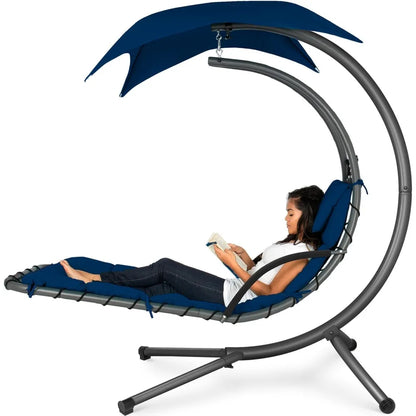 Outdoor Hanging Curved Steel Lounge Chair, Swing, Built-in Pillow, Removable Canopy, 14 Colors