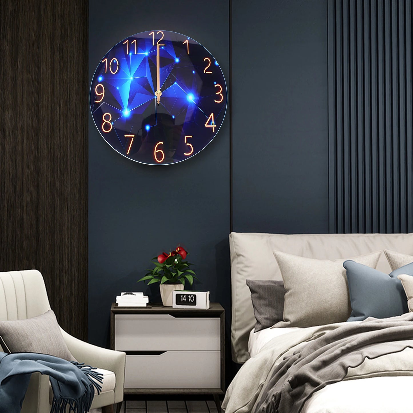 12" Blue Diamond Wall Clock, Round, Modern Style