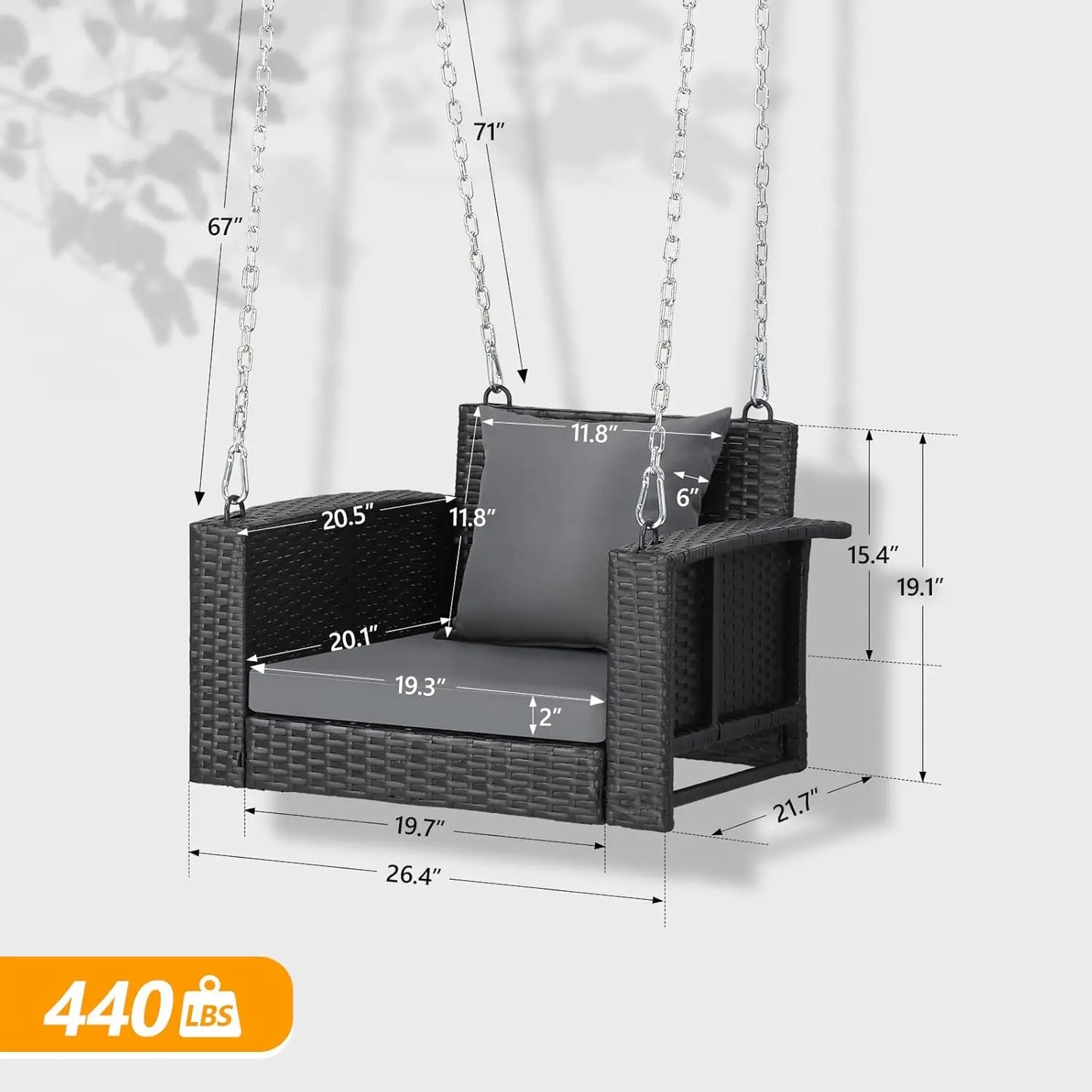 1-Person Rattan Porch Swing, Cushions, Adjustable Chains, Wicker Swing