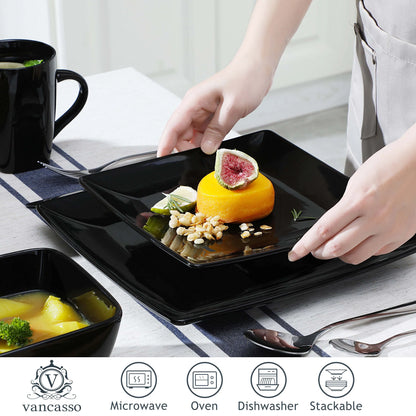 16/32/48 Piece Black Porcelain Square Dinnerware