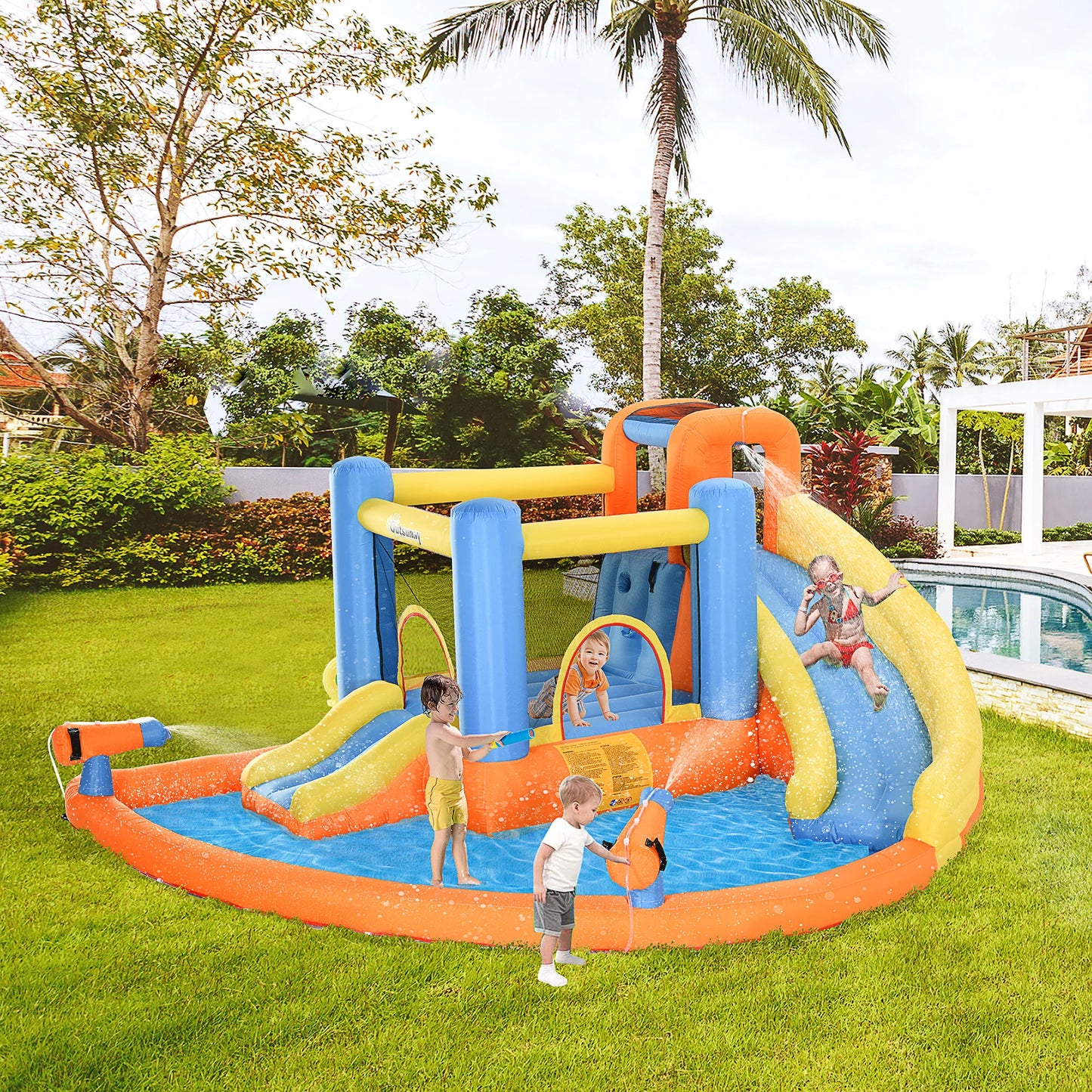 Inflatable Water Park, Trampoline, Slide, Outdoor, Sprinkler, Target Games, Water Gun, Blower