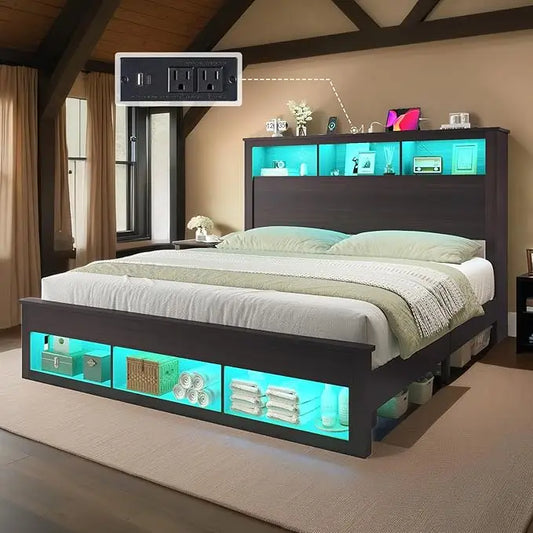Queen Size Bed, Bookcase Storage Headboard & Footboard, LED Platform Bed Frame, Charging Station