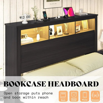Queen Size Bed, Bookcase Storage Headboard & Footboard, LED Platform Bed Frame, Charging Station