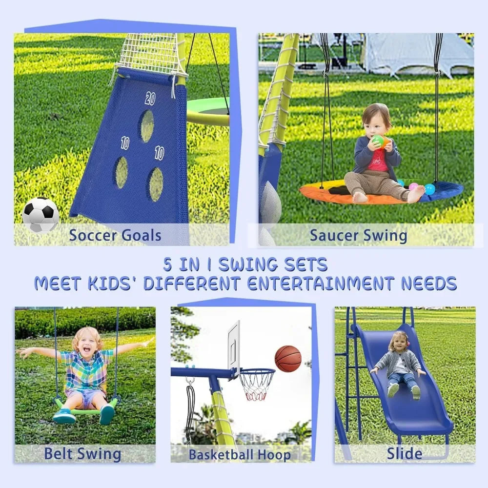 Swing Set, Slide, Heavy-Duty Metal, Basketball Hoop Plus More