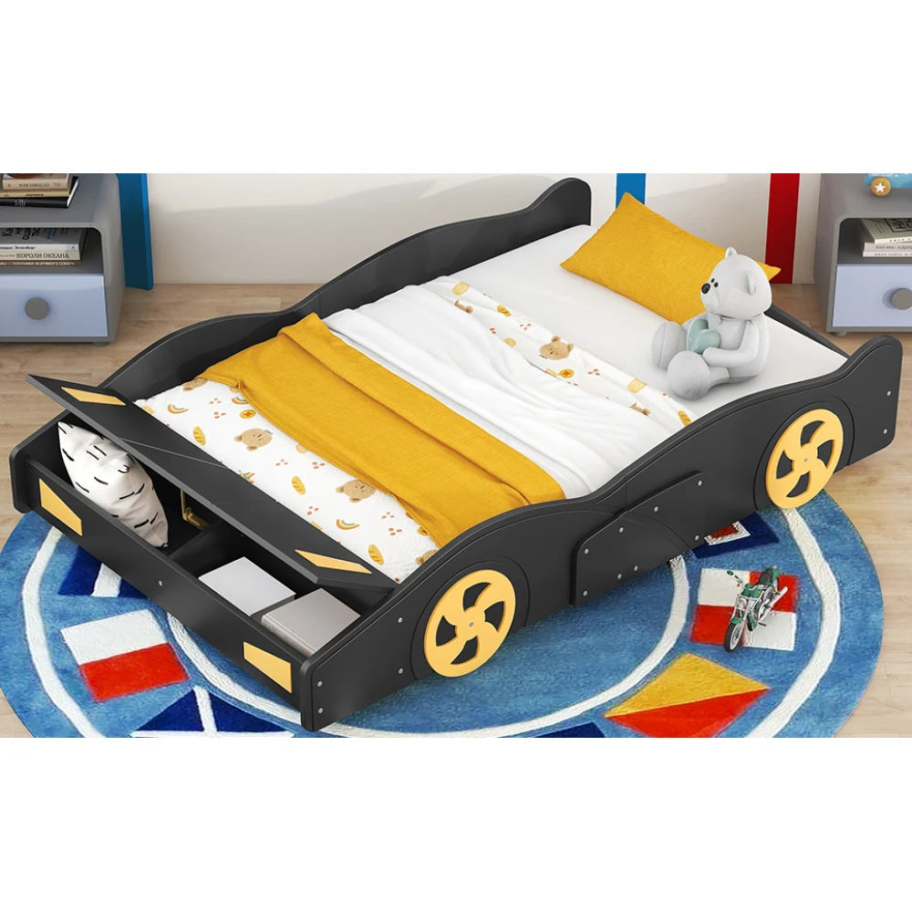 Race Car-Shaped Platform Bed, Full Size, Wheels and Storage