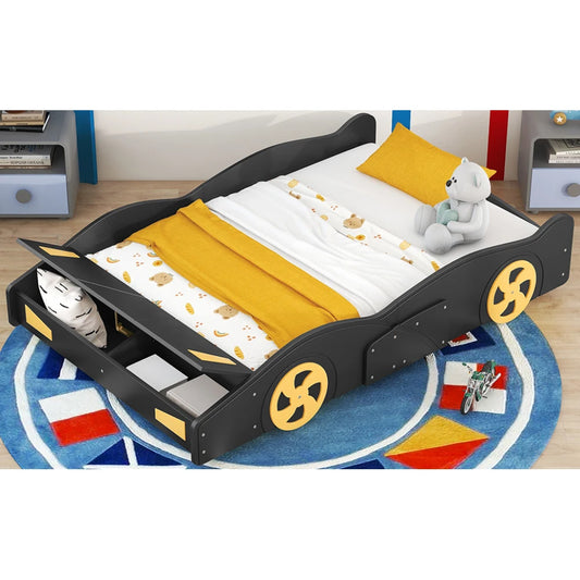 Race Car-Shaped Platform Bed, Full Size, Wheels and Storage