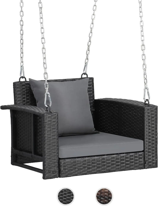 1-Person Rattan Porch Swing, Cushions, Adjustable Chains, Wicker Swing