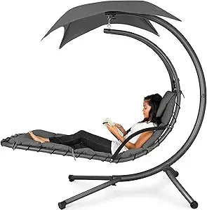 Outdoor Hanging Curved Steel Lounge Chair, Swing, Built-in Pillow, Removable Canopy, 14 Colors