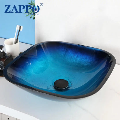 Oval Blue Tempered Glass Sink, Waterfall Black Faucet Tap, Above Counter Basin