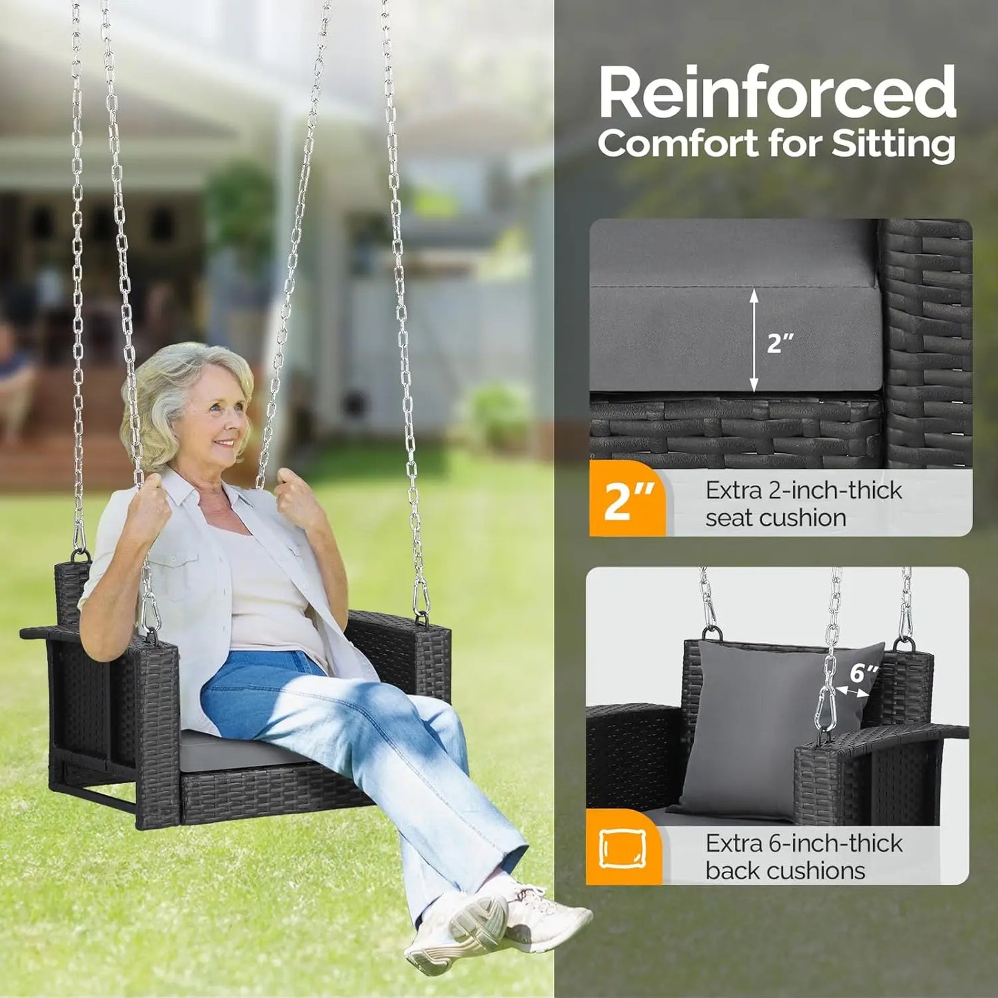 1-Person Rattan Porch Swing, Cushions, Adjustable Chains, Wicker Swing
