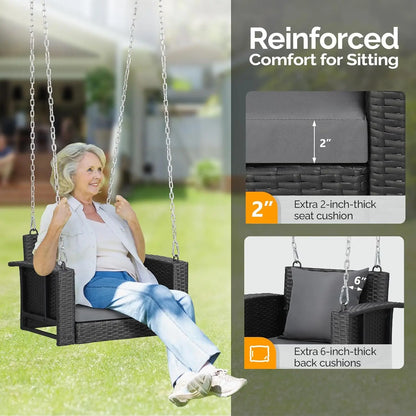 1-Person Rattan Porch Swing, Cushions, Adjustable Chains, Wicker Swing